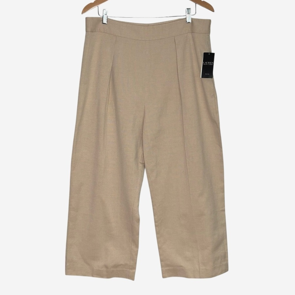 NWT Ralph Lauren Linen Blend Cropped Wide Leg Pants 14P Pleated Textured Beige